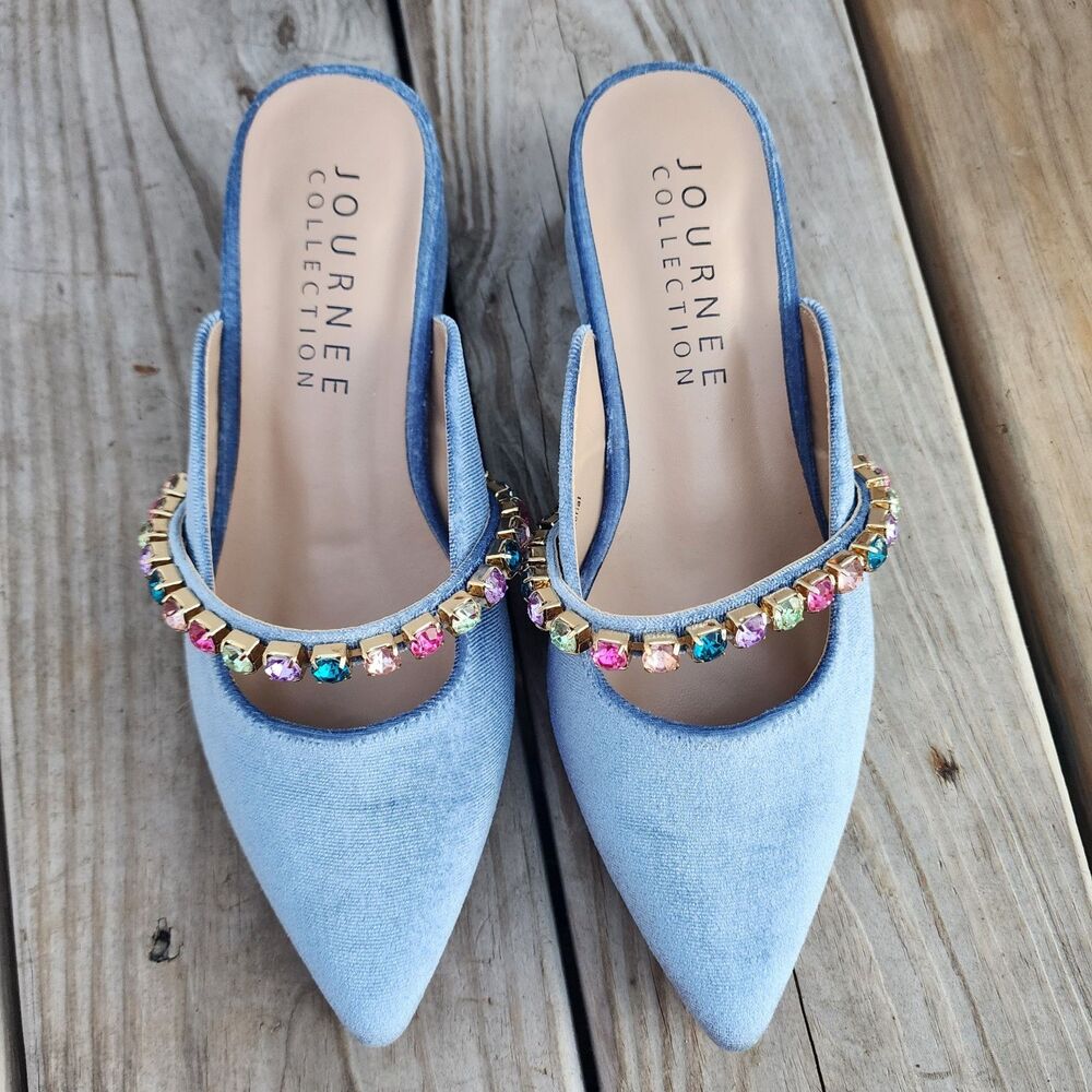 New In Box Journee Collection Light Blue Velor Embellished Jewelled Mules Sz 5.5